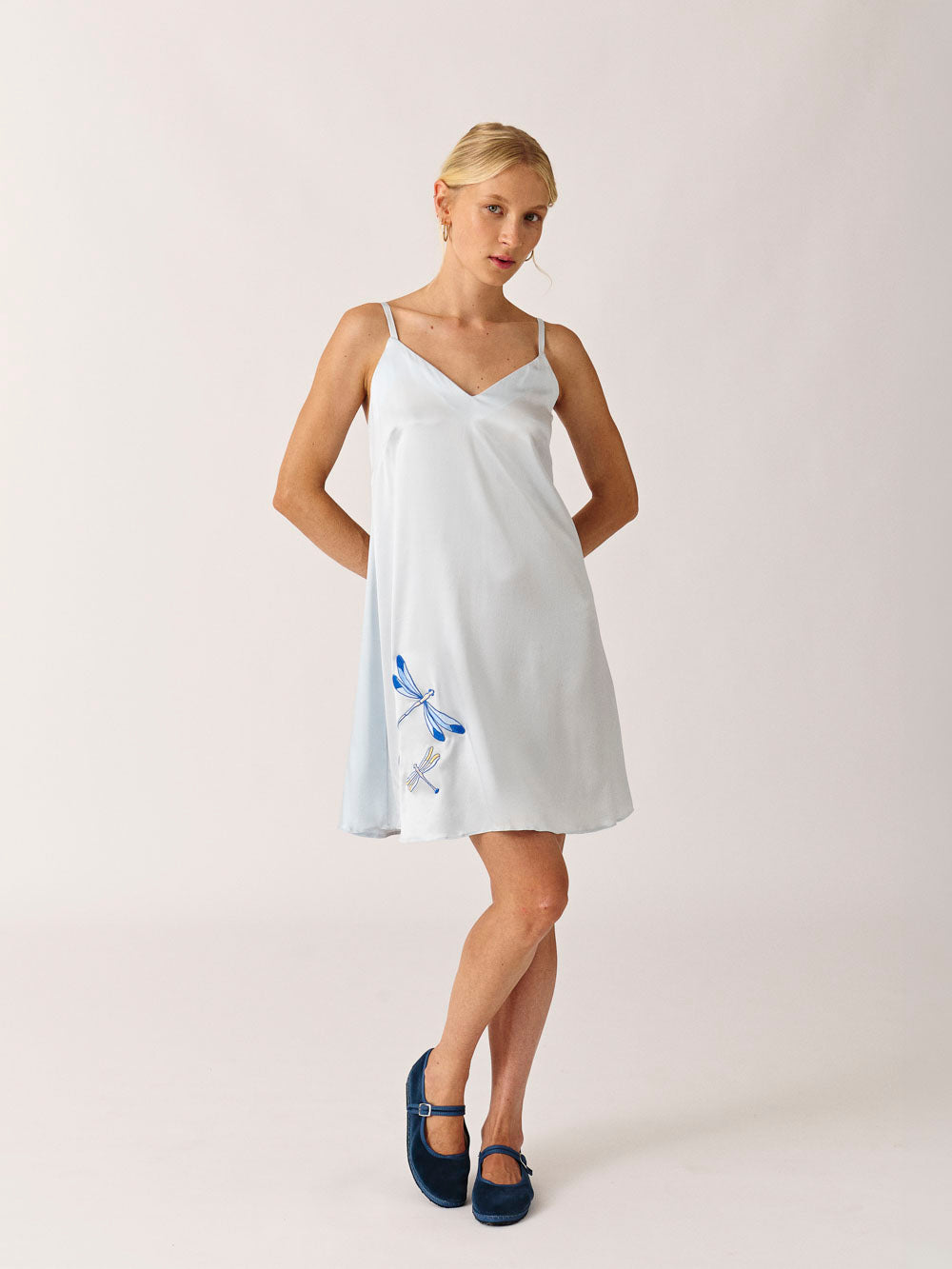 Silk Short Dress Embroidered DRAGONFLY